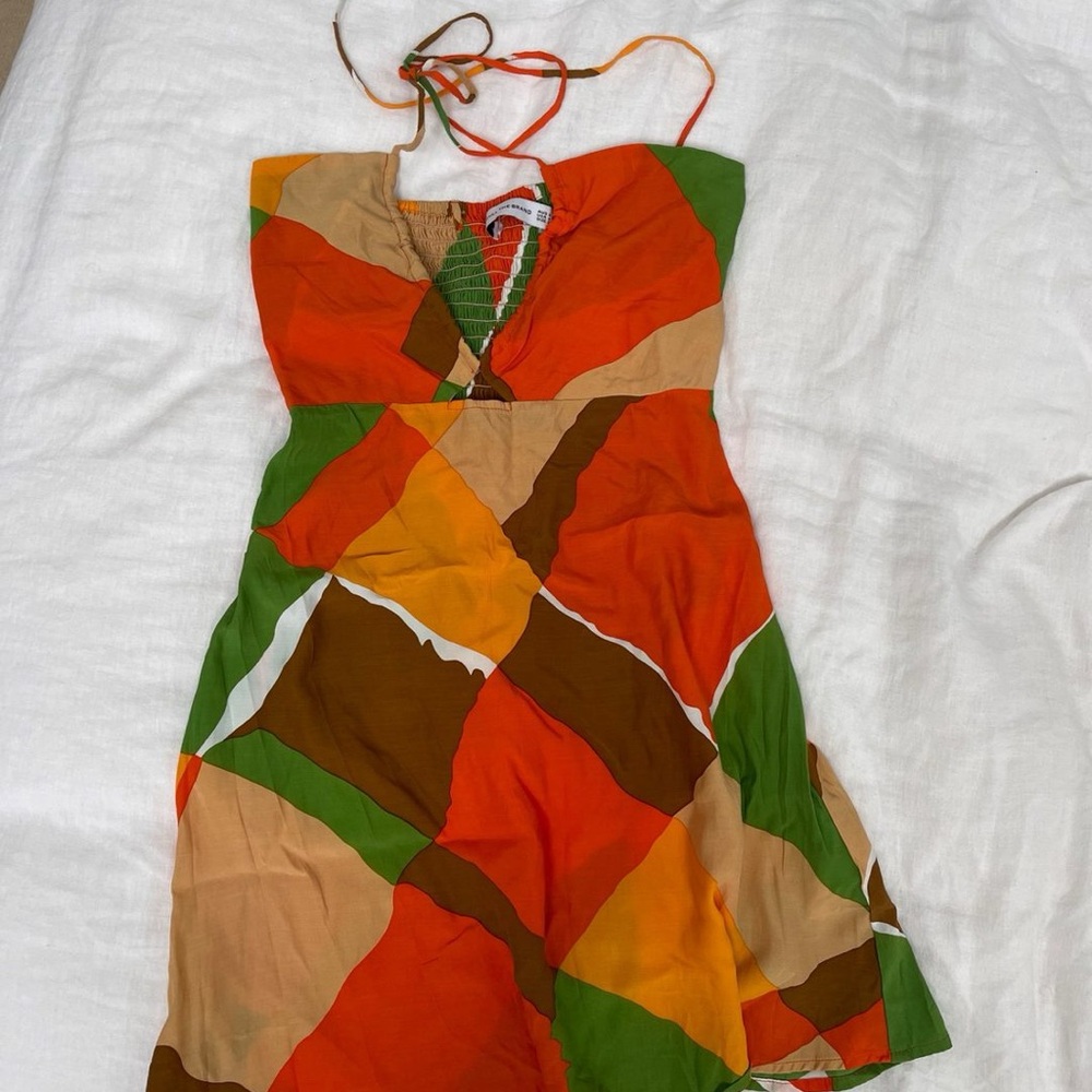 Faithfull the Brand Colorblock Halter Mini Dress in Orange, Green & Brown